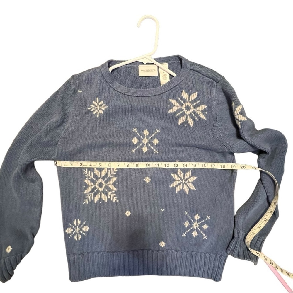 LIZ CLAIBORNE Blue Cotton Sweater Size M White Snowflake Design Crewneck EUC - Picture 5 of 7